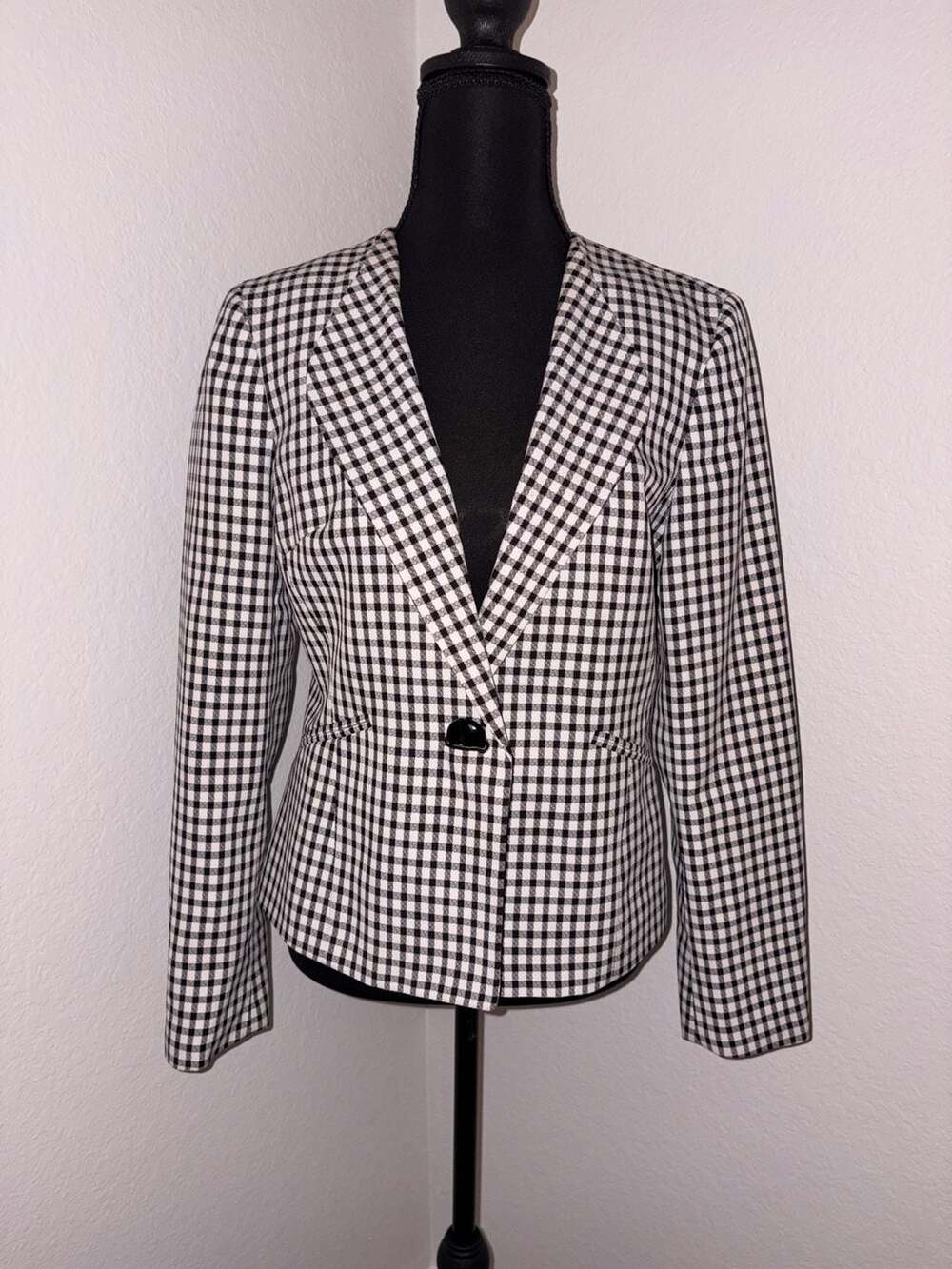 Kasper Black and White Gingham One-Button Blazer